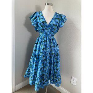 English Factory Womens XS Blue Floral Open Back Maxi Dress Ruffle Sleeve